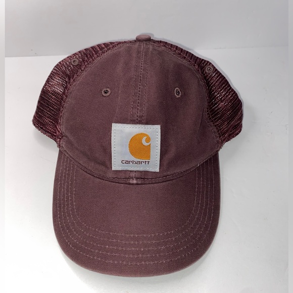 Carhartt Washed Canvas Trucker Hat Burgundy | Mesh Back Adjustable Cap - Picture 2 of 7